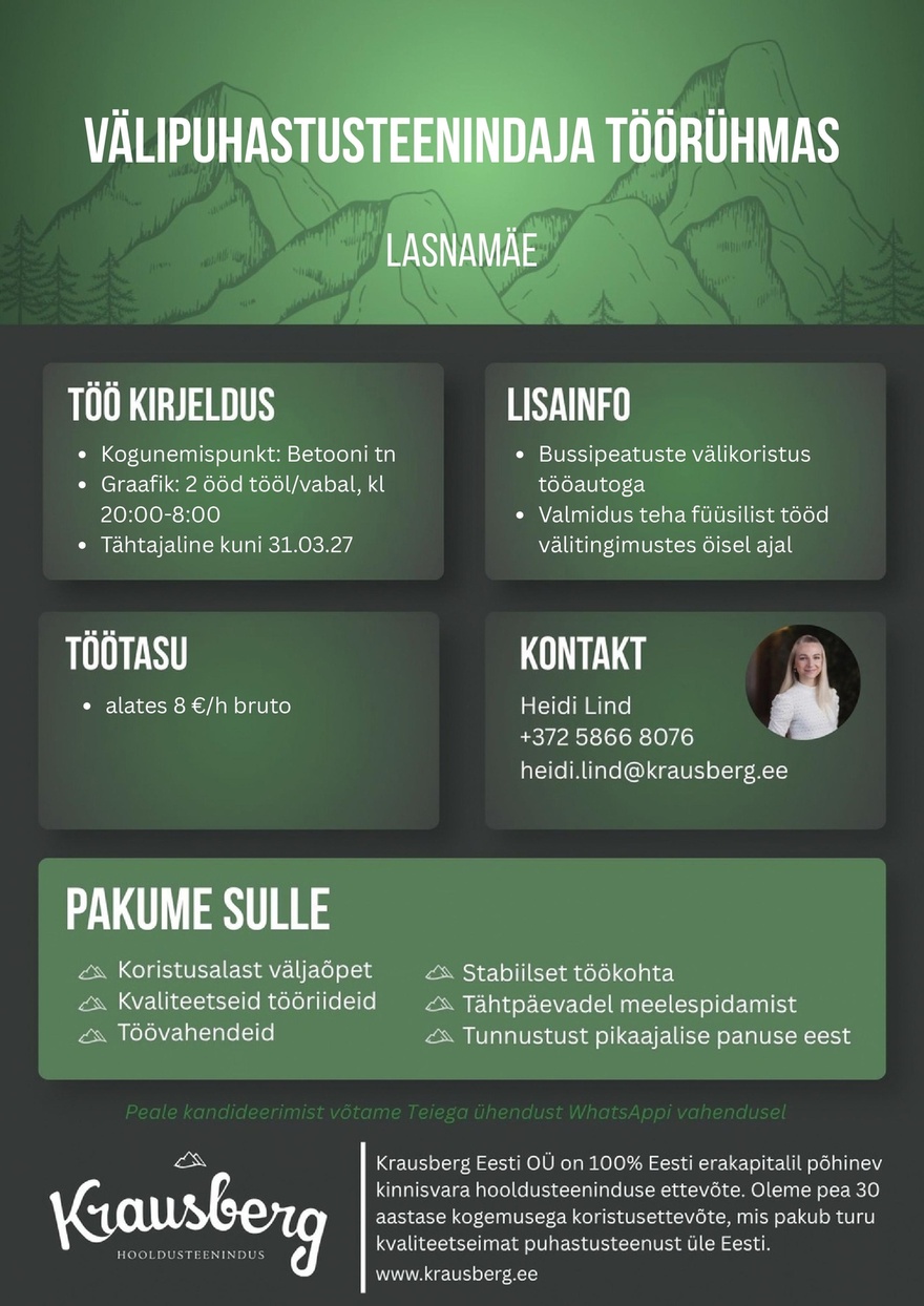 Krausberg Eesti OÜ Välipuhastusteenindaja töörühmas, Lasnamäe (öötöö, tähtaajaline)