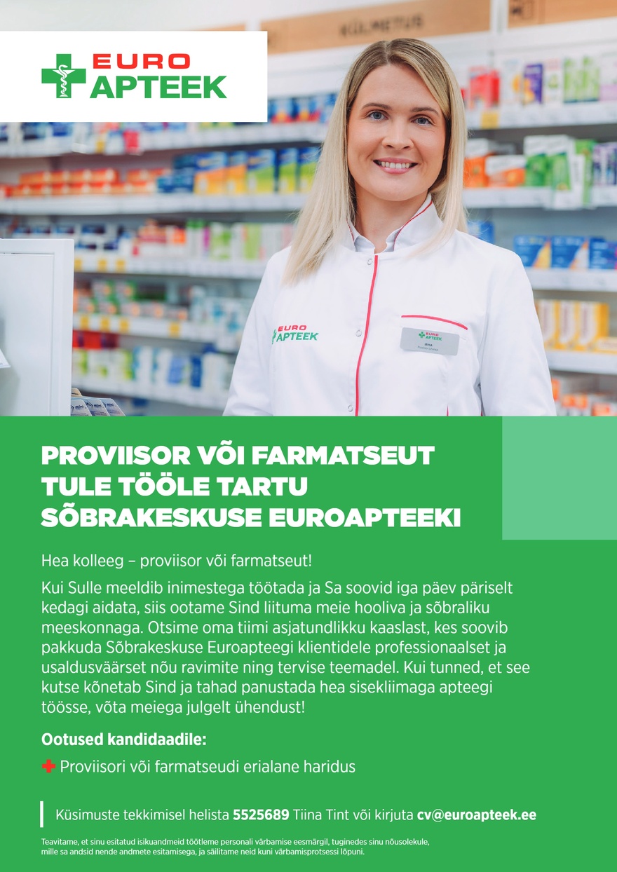 Euroapteek OÜ Tartu Sõbrakeskuse Euroapteegi proviisor või farmatseut