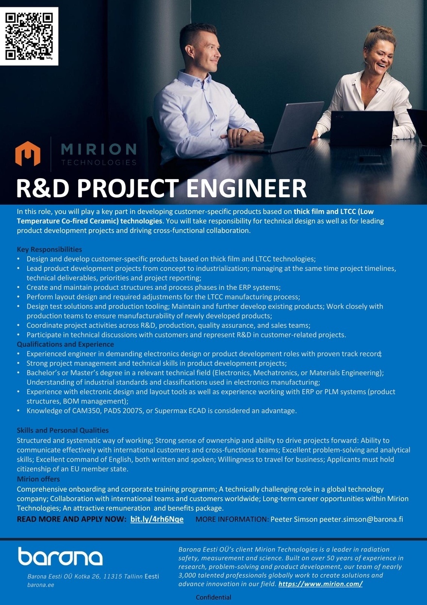 Barona Eesti OÜ R&D PROJECT ENGINEER