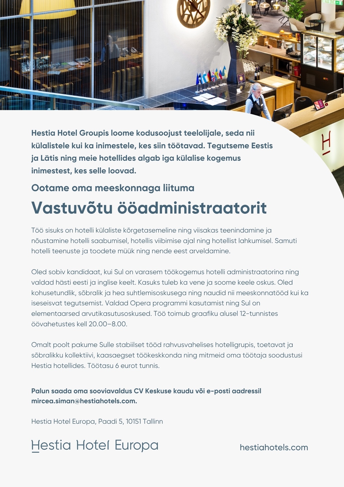 Hestia Hotel Europa Vastuvõtu ööadministraator