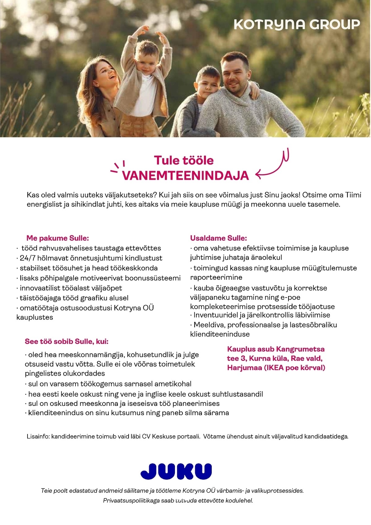 Kotryna OÜ Kurna Park JUKU kaupluse vanemteenindajat