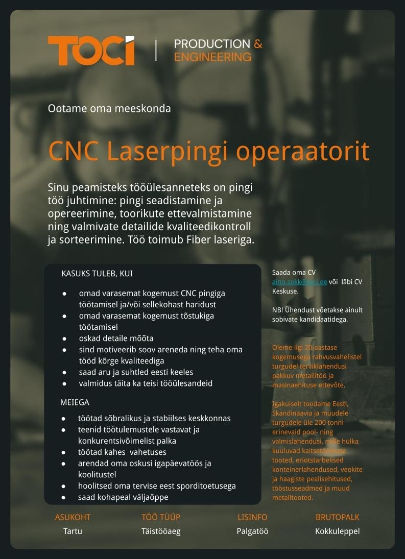 TOCI OÜ CNC laserpingi operaator