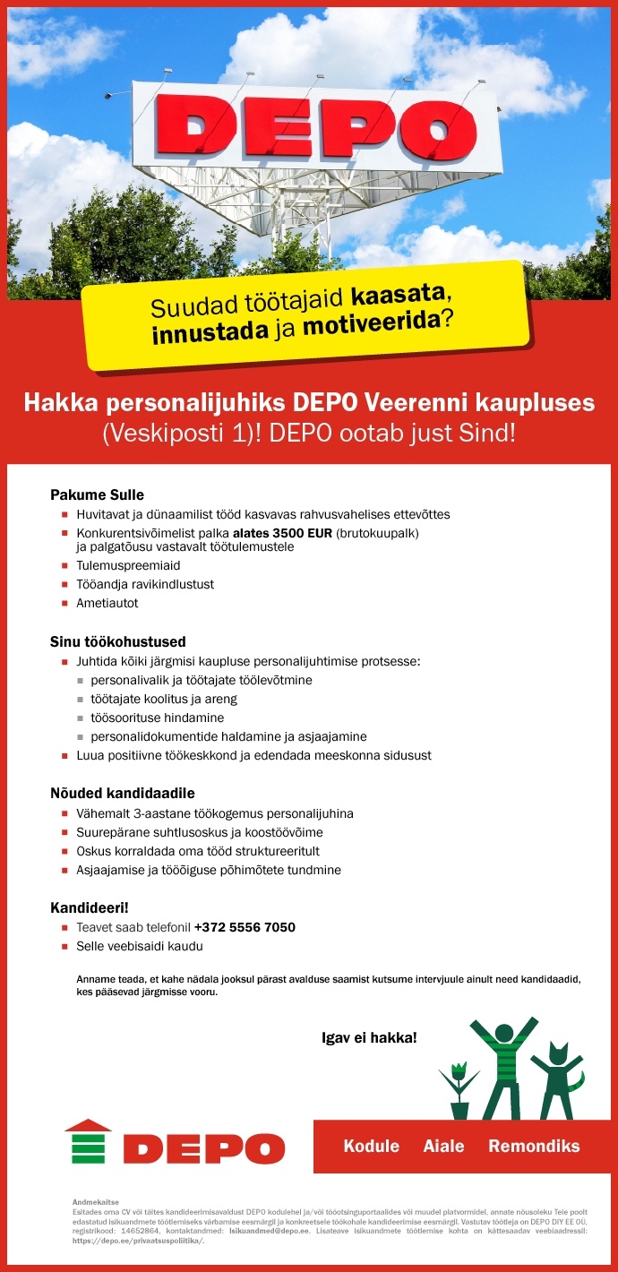 DEPO DIY EE OÜ Kaupluse personalijuht, Veerenni (Veskiposti 1)
