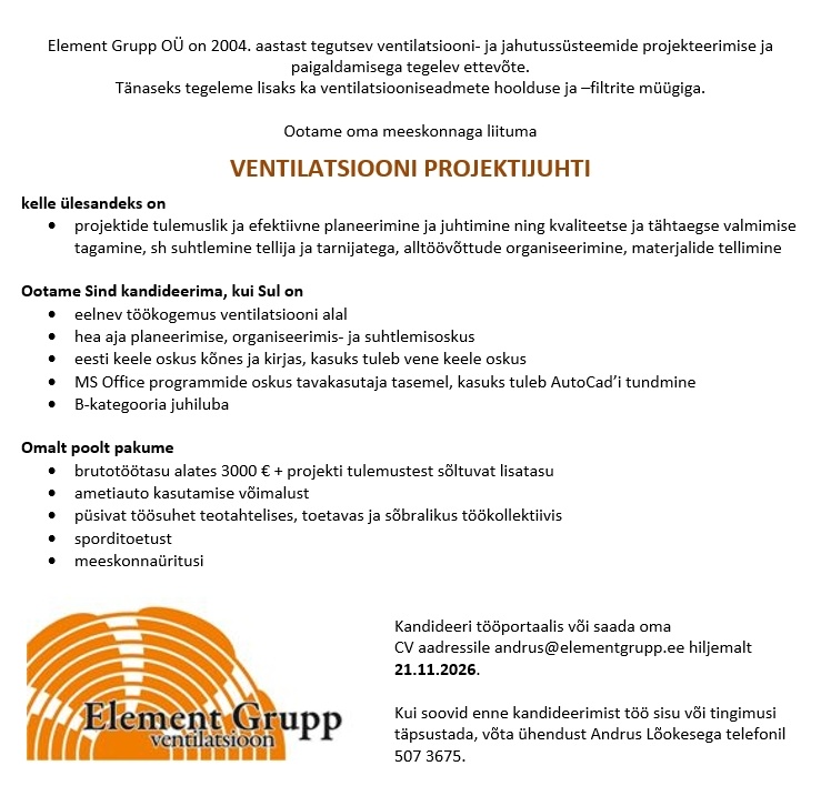 ELEMENT GRUPP OÜ Ventilatsiooni projektijuht