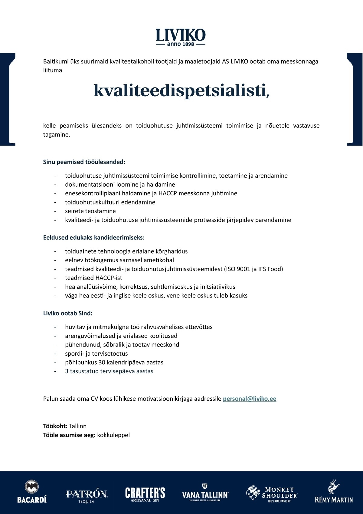 Liviko AS Kvaliteedispetsialist