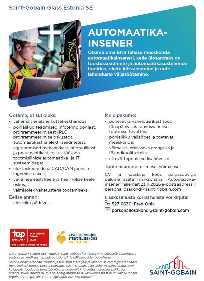 SAINT-GOBAIN GLASS ESTONIA SE Automaatikainsener