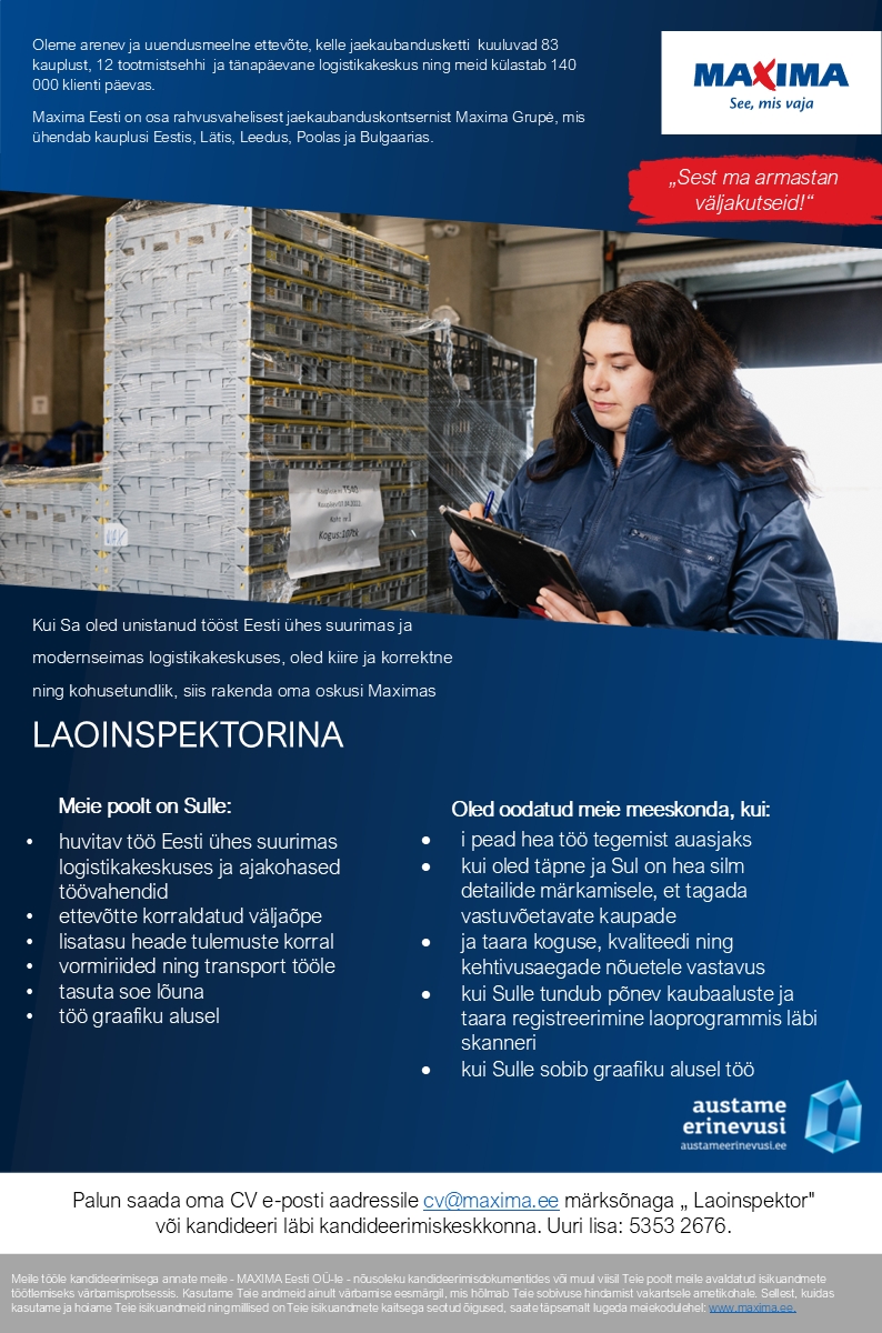 Maxima Eesti OÜ Laoinspektor Maxima Logistikakeskuses