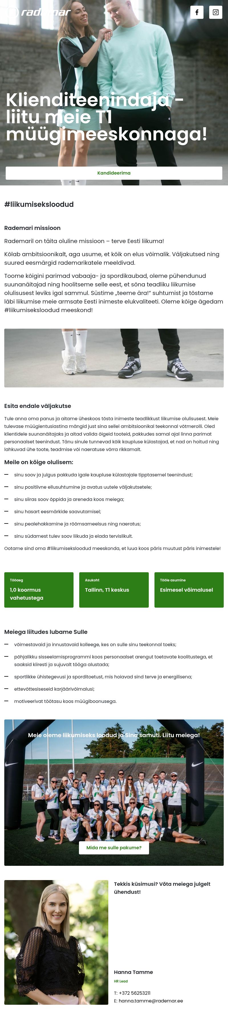 Rademar OÜ Klienditeenindaja- Tule anna oma panus Rademari T1 kaupluses!
