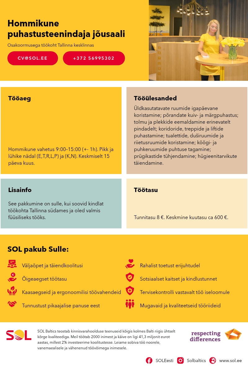 SOL Baltics OÜ Hommikune puhastusteenindaja jõusaali