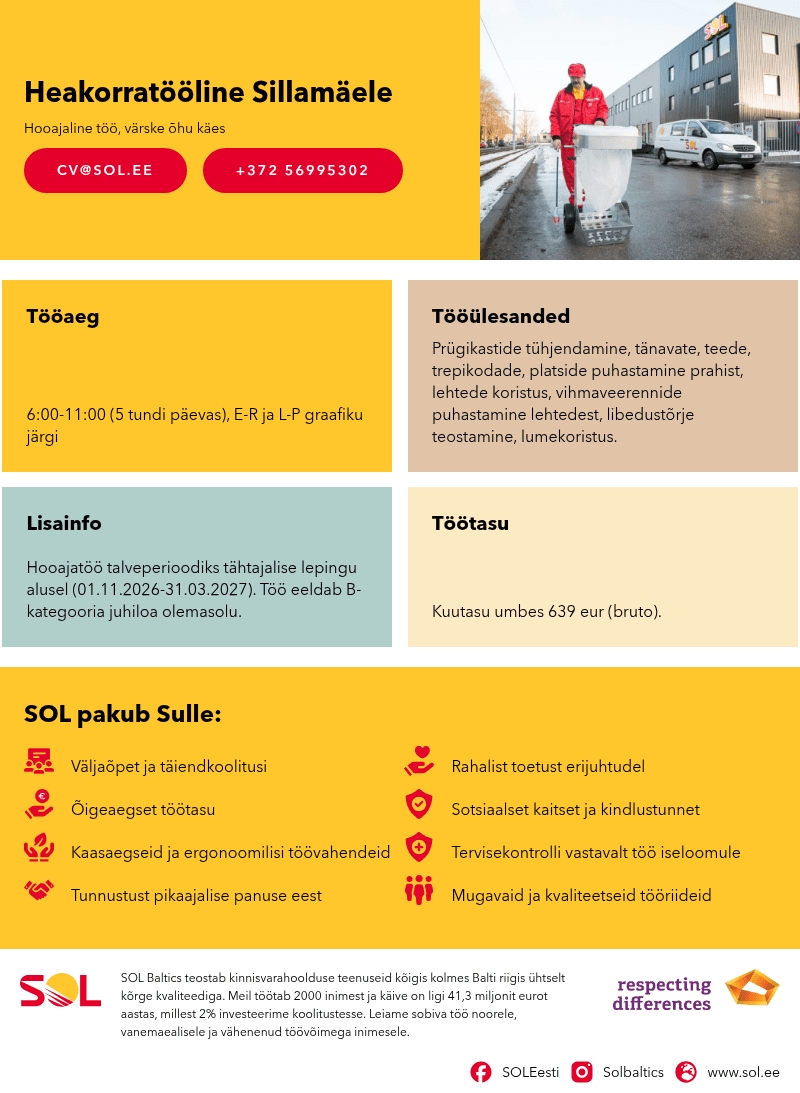 SOL Baltics OÜ Heakorratööline Sillamäele