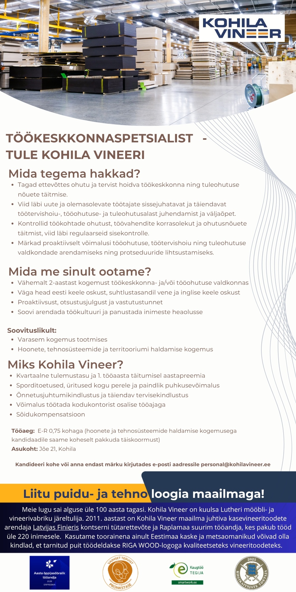 Kohila Vineer OÜ Töökeskkonnaspetsialist