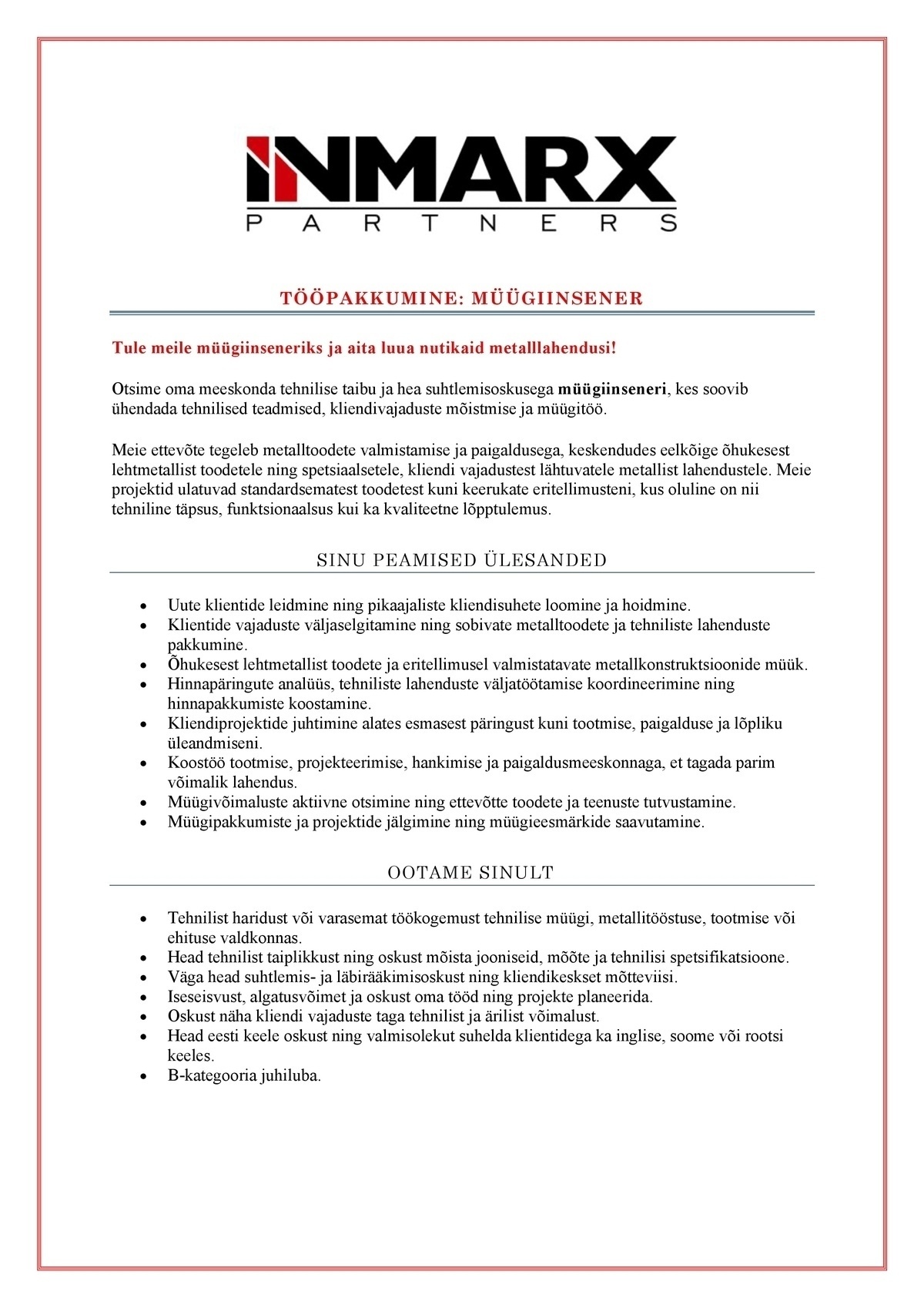 INMARX PARTNERS OÜ MÜÜGIINSENER
