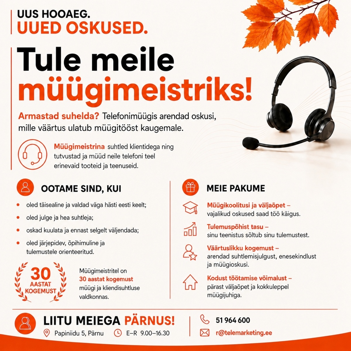 Müügimeistrite AS Telefonimüügi konsultant Pärnu Sillakeskuse kontoris