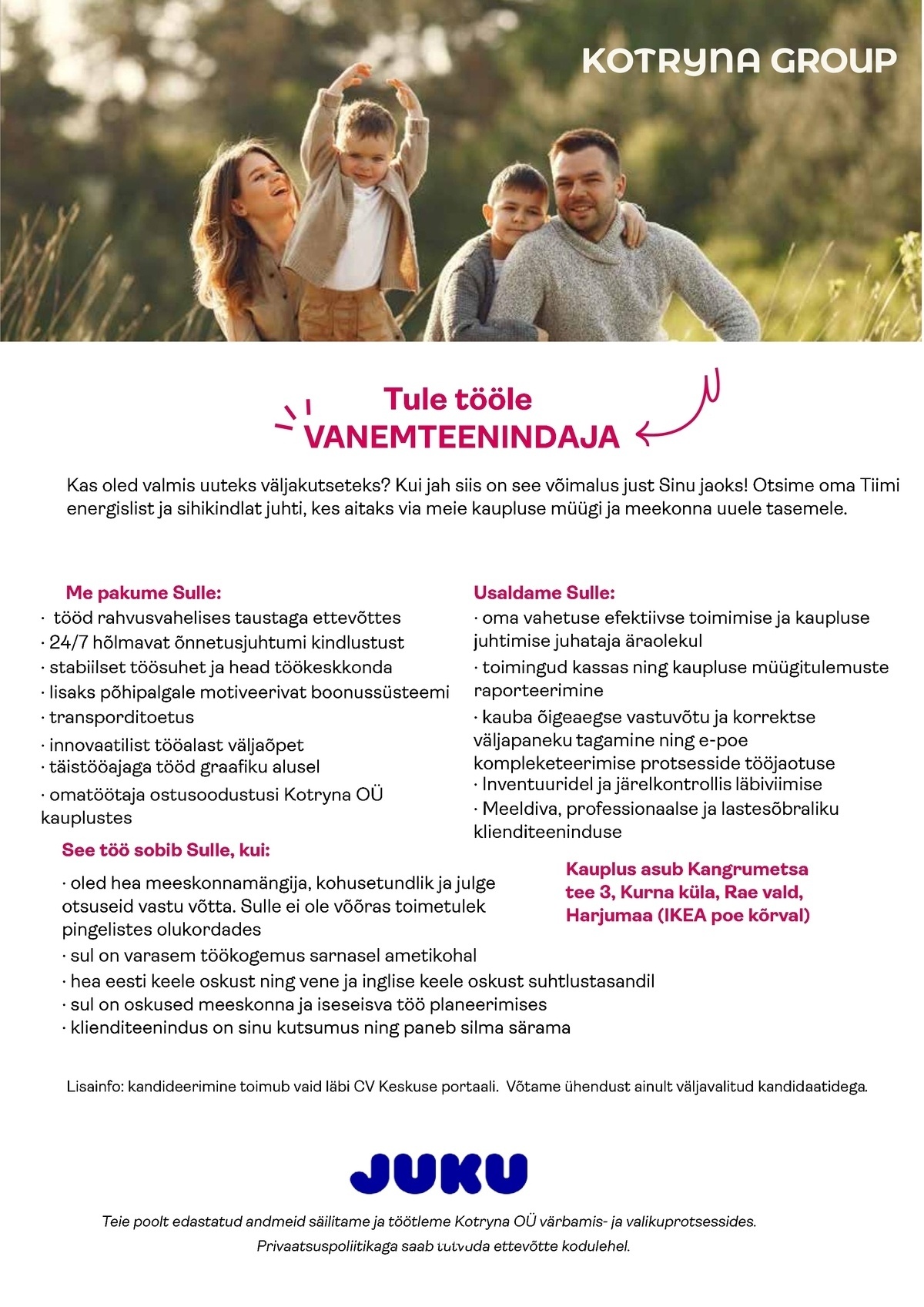 Kotryna OÜ Kurna Park JUKU kaupluse vanemteenindajat