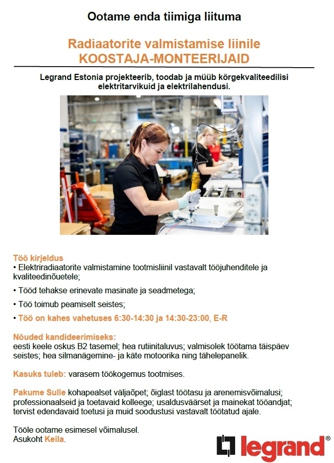 Legrand Estonia OÜ Koostaja-monteerija
