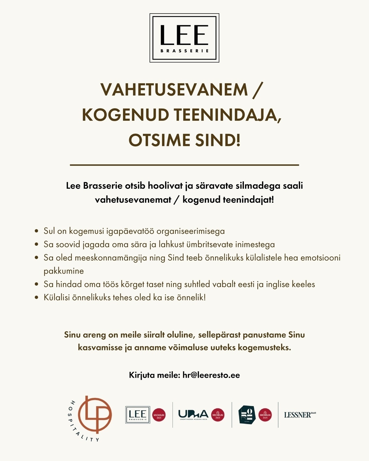 LP Hospitality Vahetusevanem / kogenud teenindaja otsime Sind!