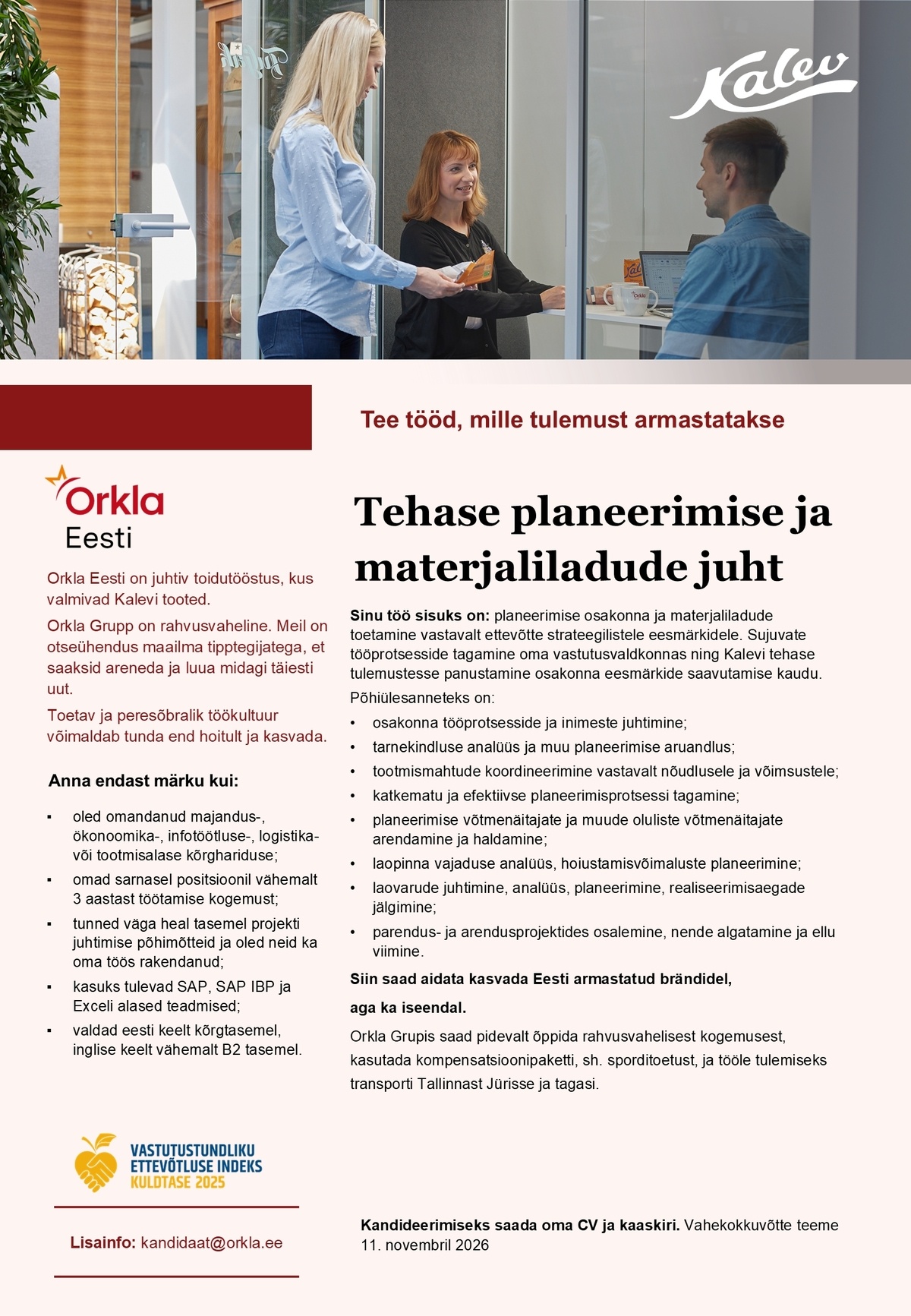 Orkla Eesti AS Kalevi tehase planeerimise ja materjaliladude juht